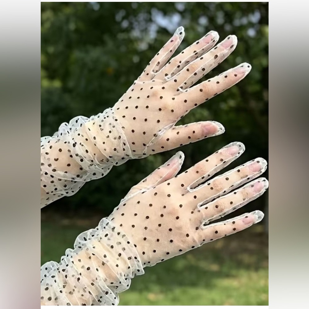Sheer White Polka Dot Mesh Gloves with Black Dots